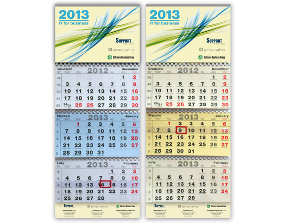 kalendarz trójdzielny z główką płaską i listwą metalową łączony na spiralę plastikową wraz ze stopką reklamową druk kalendarzy warszawa